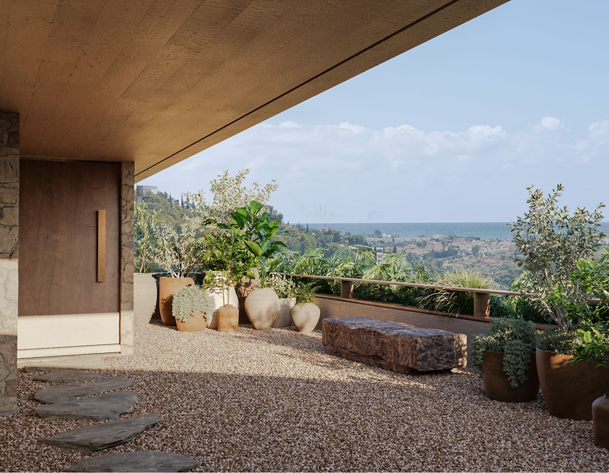 Garden terrace with ceramic planters